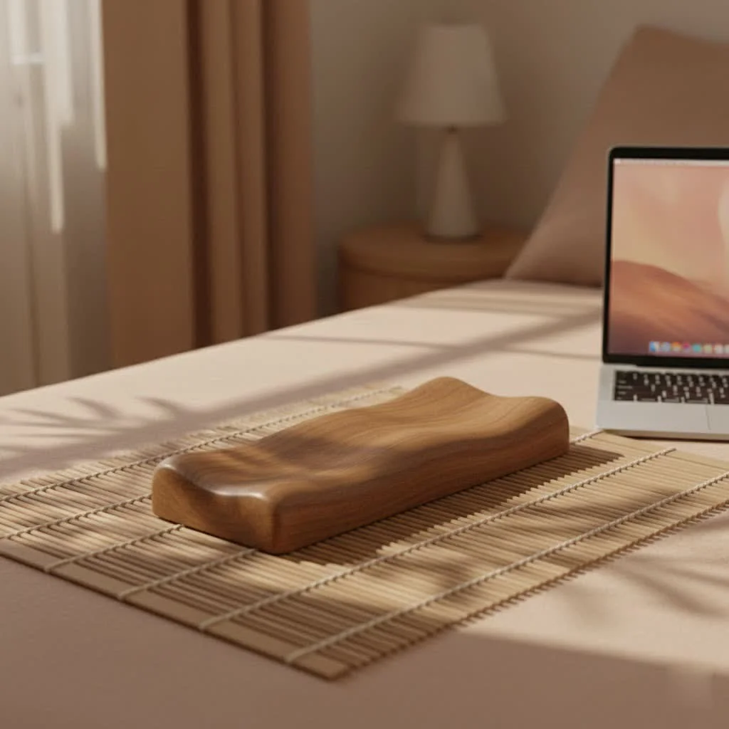 Ergonomic tenkeyless wrist rest supporting hands at a computer